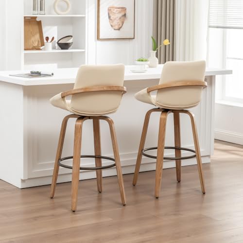 25.2" Swivel Bar Stool with Back Cream White Leather Kitchen Barstool Chair - Image 5