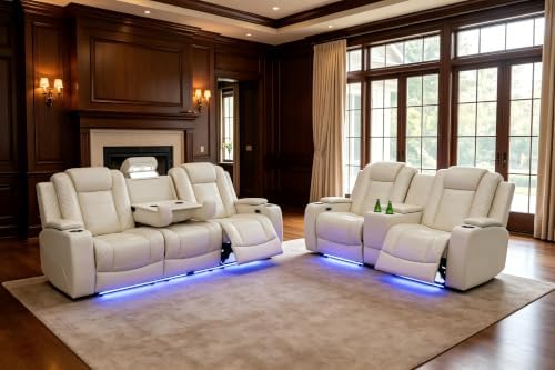 Power Recliner Set with LED, Sofa and Loveseat Set, Leather Reclining Sectional by COSYMOORFURNITURE