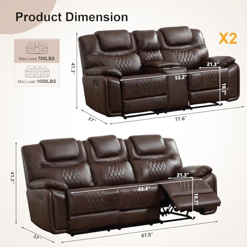 ANJ 3-Piece Manual Reclining Sofa Set, Premium Genuine Leather Reclining Sofas - Image 2