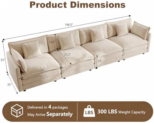 146.5" Modular Sectional Sofa, Oversized 4 Seater Cloud Couch - Image 2
