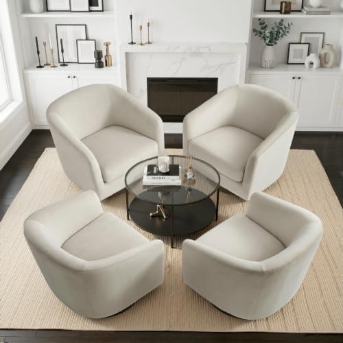 Pia Ricco Set of 4 Oversized Velvet 360° Swivel Barrel Accent Chair Ivory by PiaRicco