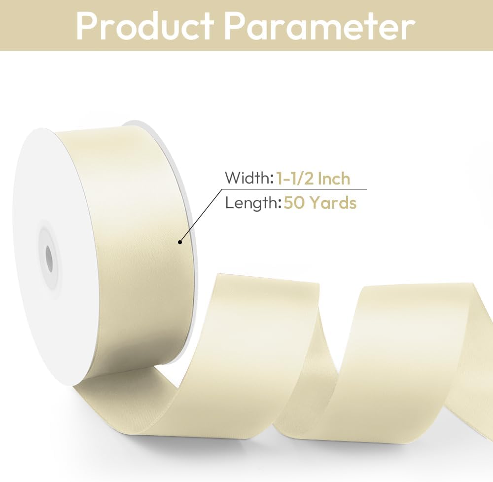 1-1/2" Width x 50 Yards Satin Fabric Ribbon, Ivory Ribbon Perfect for DIY Bows, Swags, Gift Wrapping, Craft, Flower Bouquet，Christmas and Party Decoration