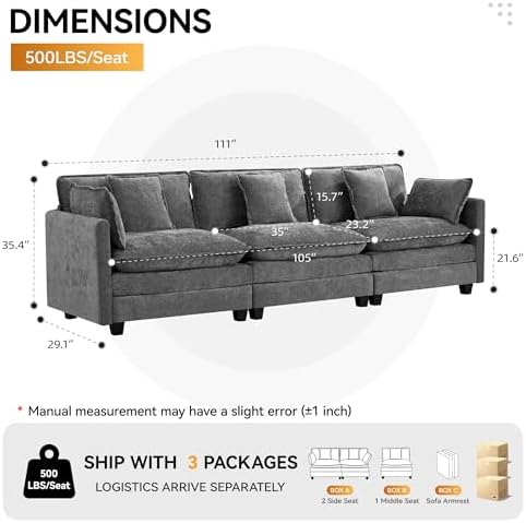 111'' Sectional Cloud Deep Seat Couch, Modern Comfy Chenille Modular Sectional - Image 2