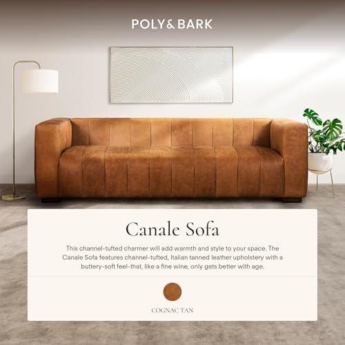 POLY & BARK Canale Sofa – 86" Channel-Tufted Italian Leather Couch – Cognac Tan - Image 4