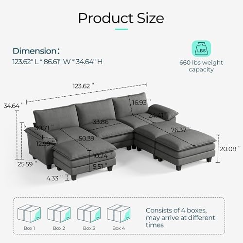 LINSY HOME 123'' Modular Sectional Sofa 3 Seat Couch Corduroy Cloud Couch - Image 2