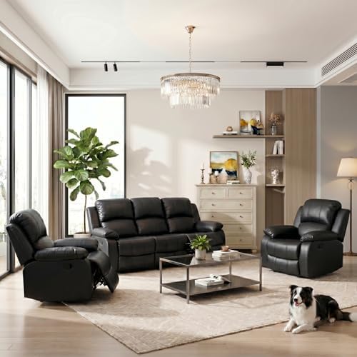3 Piece Manual Reclining Leather Sofa Set, Reclining Couch Sofa Set Includes by BrisaNube