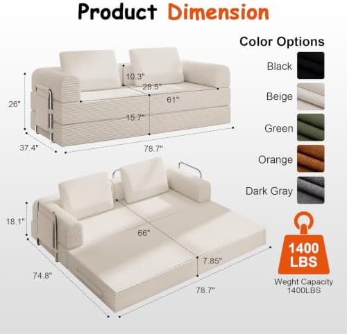78" Convertible Sofa Bed, Corduroy Pull Out Couch - Image 2