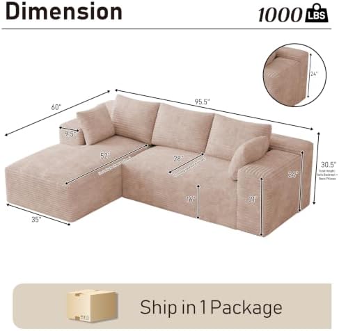 ONEMMLION 96" L-Shaped Cloud Boneless Couch Sofa - Image 2