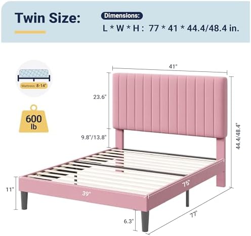 Allewie Twin Bed Frame, Velvet Upholstered Platform Bed - Image 2