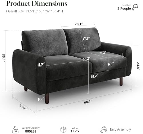 WorthFurni 68" Loveseat Sofa, Comfy Chenille Fabric Couches - Image 2