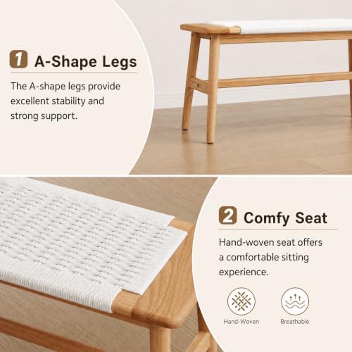 31.5'' Woven Dining Beach with 100% Solid Oak Wood Bench Frame, Hand Knitted - Image 6