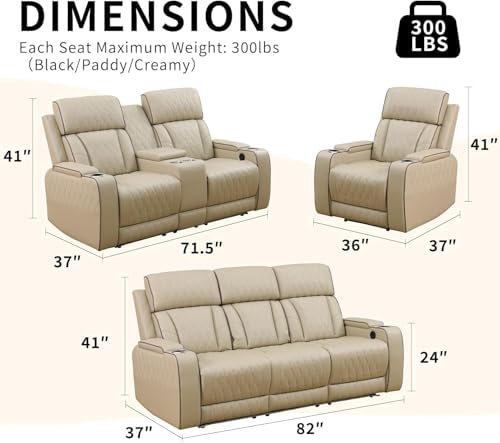 Power Recliner Set with LED Lights, Quilted Air Leather Reclining Set with USB - Image 2