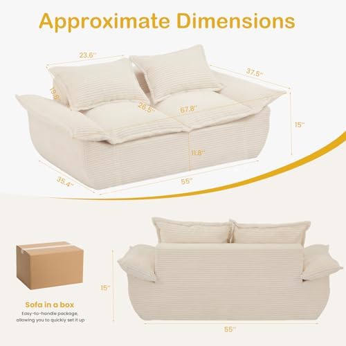 56" Boneless Loveseat, 2-Seater Beige Boneless Sofa - Image 2