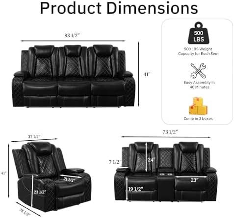 Living Room Furniture Sets, 2 Pieces Power Recliner Faux Leather Sofa - Image 2