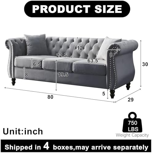 2 Piece Modern Grey Velvet 80" 3-Seater Sofa Sets, Upholstered Tufted Backrests - Image 2