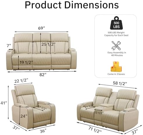Living Room Furniture Sets, 3 Pieces Power Recliner Sofa - Image 2