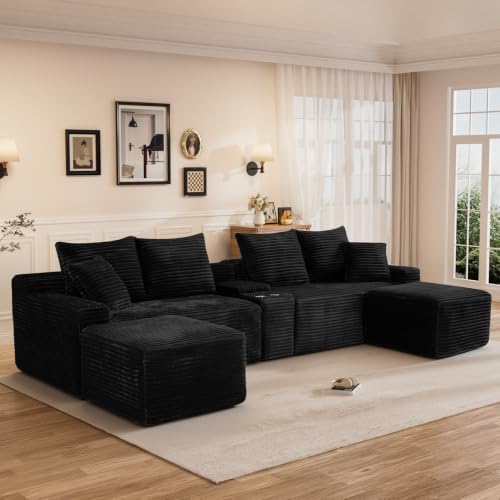 127" U Shaped Cloud Couch Modular Sectional Sofa, Comfy Fluffy Corduroy Black - Image 3