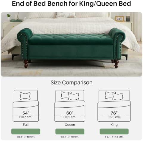 SOFTHION 58.1" Storage Bench for Bedroom, Velvet Upholstered, Dark Green - Image 5