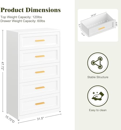 Washsemba Metal 5 Drawer, 15.8" D x 31.5" W x 47.72" H, Home White Dresser - Image 3