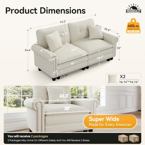 SUNSHINE VALLEY 73.2" Modular Loveseat Cloud Couch Rolled Arms & Deep Seats - Image 2