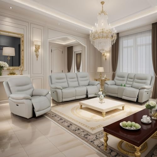 Electric Power Reclining Sofa Set, Genuine Breathing Leather Recliner Couch Set - Image 2