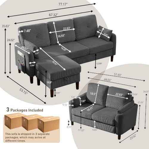 3 Piece Sectional Sofa Set, 3 Seat Couch & Loveseat & Ottoman, Dark Grey - Image 2
