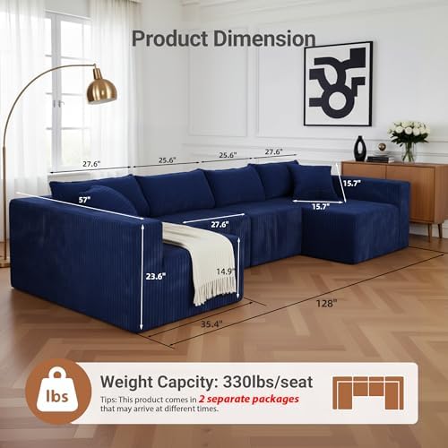 Claiks 128" U Shaped Boneless Couch, Corduroy Sectional Sofa - Image 2