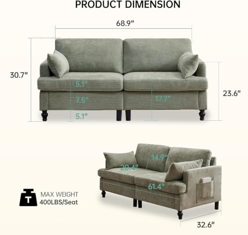 70" Loveseat Sofa Couch, 2 Seat Chenille Couch - Image 2