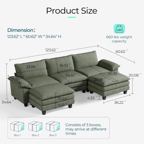 LINSY HOME 123'' Modular Sectional Sofa 3 Seat Couch Corduroy Cloud Couch - Image 2