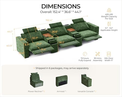 153" Modular Power Reclining Sectional 3 Seater Home Theater Sofa Chenille - Image 2