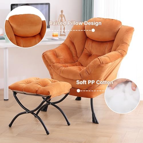 Tiita Lazy Chair with Ottoman, Comfy Reading Accent Chair, Velvet Orange - Image 4