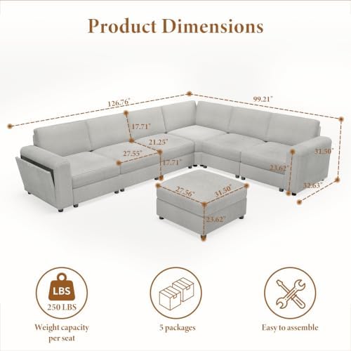 Vesgantti Modular 6-Seater Chenille L Shaped Sectional Sofa, Light Grey - Image 2