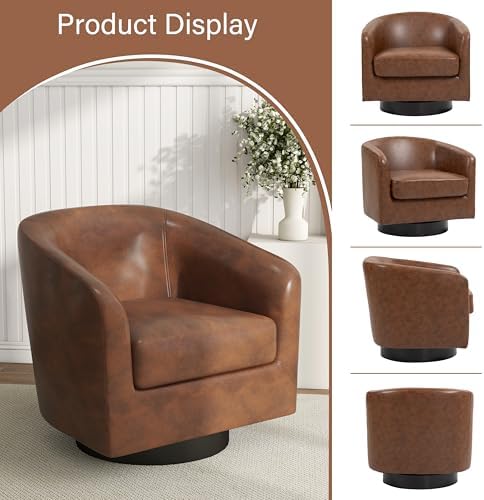 Pia Ricco Set of 4 Faux Leather 360° Swivel Barrel Accent Chair Brown - Image 4