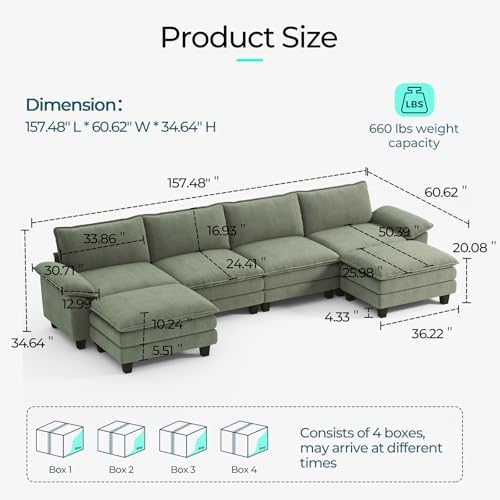 LINSY HOME 157'' Modular Sectional Sofa 4 Seat Couch Corduroy Cloud Couch - Image 2