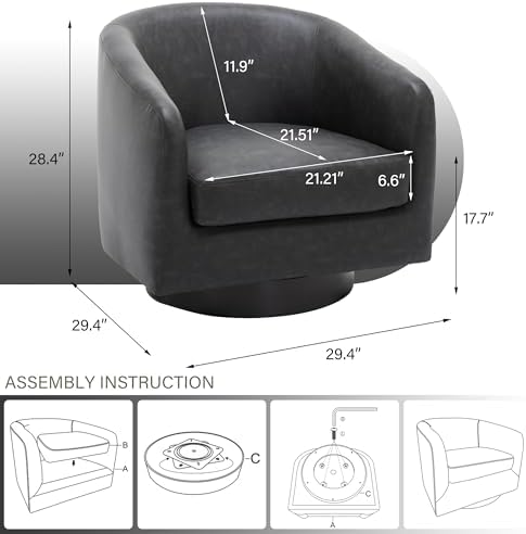 Pia Ricco Set of 2 Oversized Faux Leather 360° Swivel Barrel Accent Chair Black - Image 2