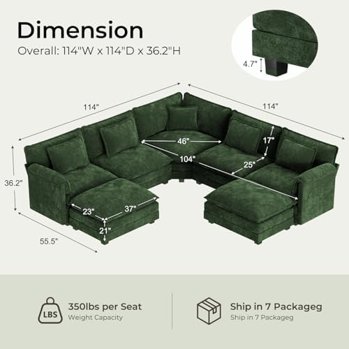 ELUCHANG 114" Oversized Modular Sectional Sofa, Comfy Chenille Cloud Couch - Image 2
