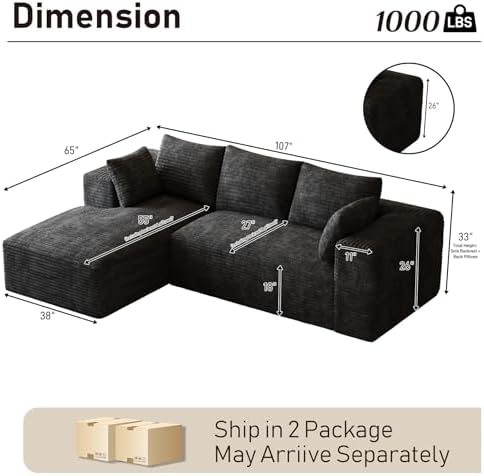 ONEMMLION 107" L-Shaped Cloud Boneless Couch Sofa - Image 2