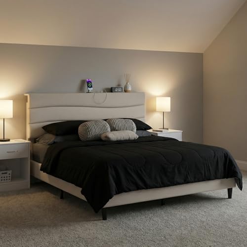 EnHomee King Size Bed with Upholstered Headboard & Charging Station - Image 6