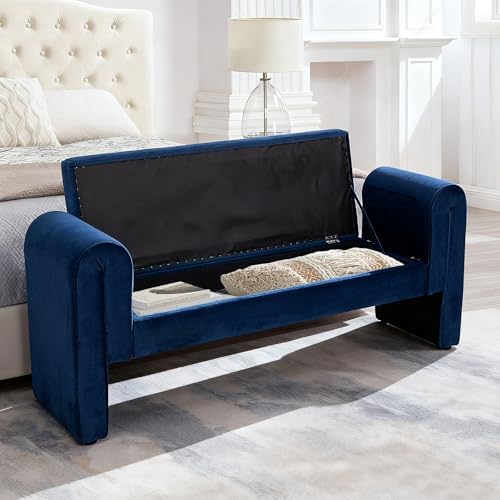65" Velvet Rolled Arm Tufted End of Bed Storage Bench Solid Wood Legs - Image 5