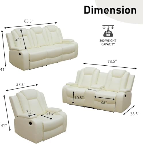 Cream White Power Recliner Sofa Set, Breathing Leather Reclining Couch Set - Image 2