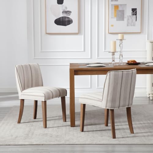 Farmhouse Dining Chairs Set of 4 Khaki Stripe Upholstered Linen Kitchen Chairs - Image 3