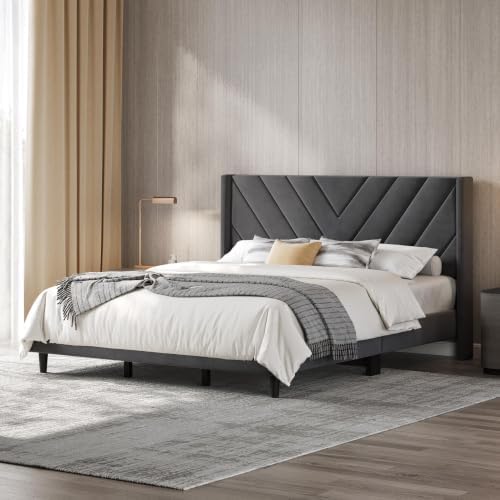 Yaheetech King Bed Frame with Chevron Channel-Tufted Headboard, Dark Gray - Image 3