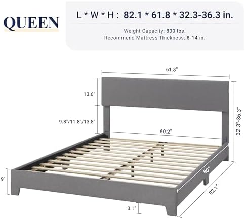 Allewie Queen Size Upholstered Bed Frame Adjustable Headboard, Light Grey - Image 2