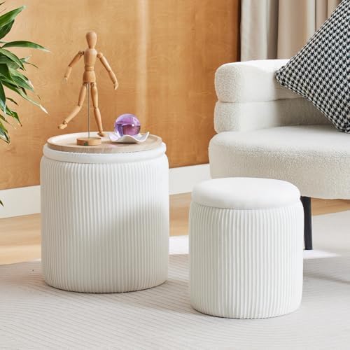 BLEXA Round Ottoman with Storage Set of 2-White Velvet Vanity Stool - Image 6