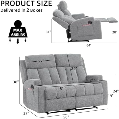 CANMOV Manual Recliner Sofa Set, Soft Fabric Reclining Loveseat - Image 2