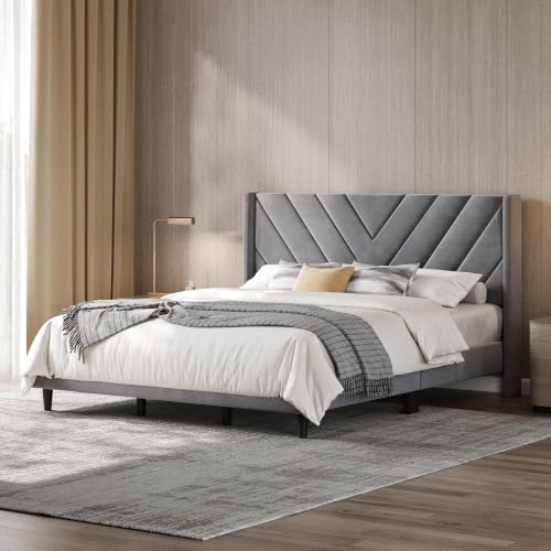 Yaheetech King Bed Frame with Chevron Channel-Tufted Headboard, Light Gray - Image 3