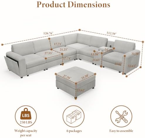 Vesgantti Modular 6-Seater Chenille L Shaped Sectional Sofa, Light Grey - Image 2