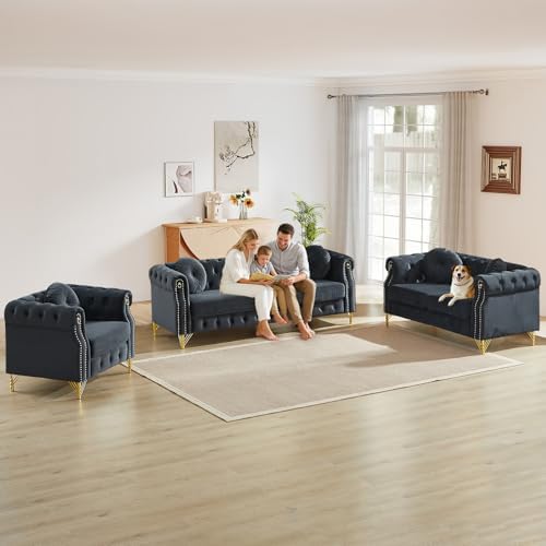 3 Pieces Mid Century Modern Chesterfield Sofa Set, Upholstered Button Tufted - Image 3