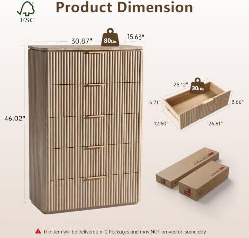 46"W Fluted 5 Drawer Bedroom Dresser, - Image 2