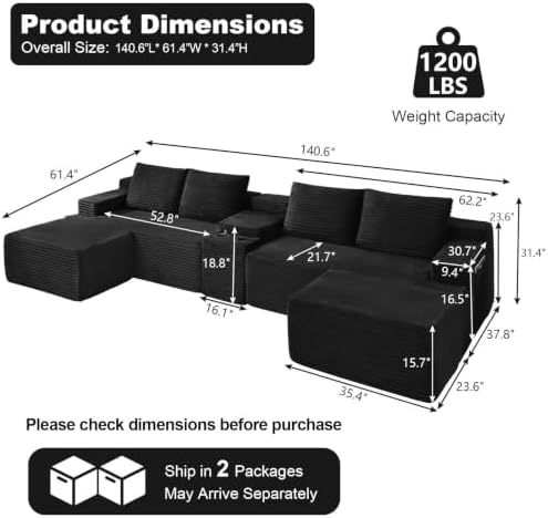 GNIXUU 140.6" Black Boneless Cloud Sectional Couches - Image 2
